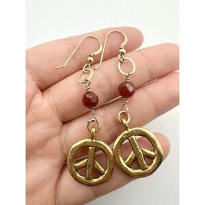 Gold plated carnelian peace sign dangle Earrings